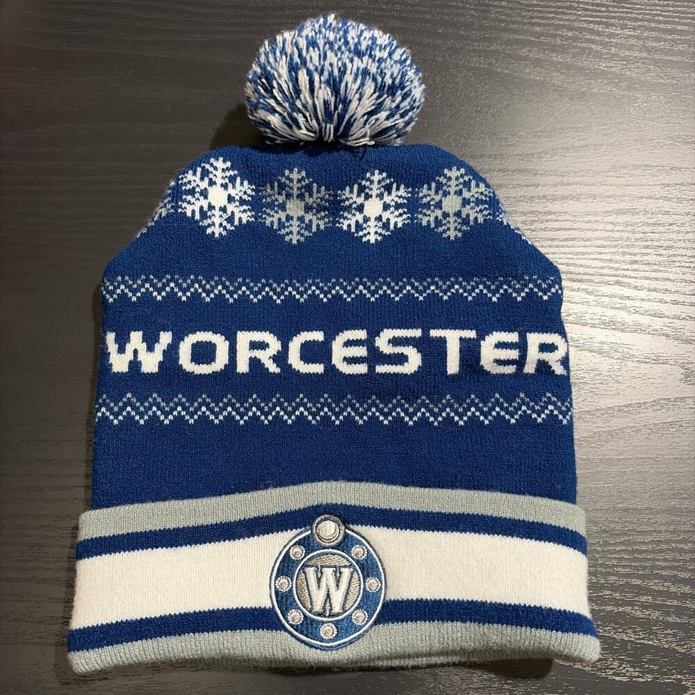 Worcester Railers ECHL Hockey Toboggan Winter Pom Hat Blue And White